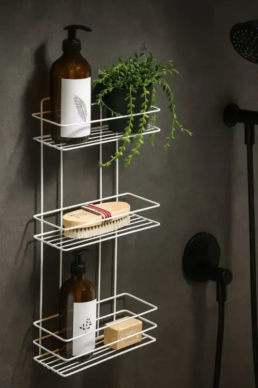 3 Tier White Adhesive Bathroom Shelf, Shampoo Shower Organizer, Stainless Metal Bathroom Wall Mount-White - 5