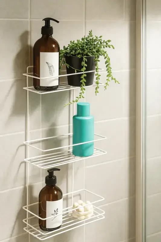 3 Tier White Adhesive Bathroom Shelf, Shampoo Shower Organizer, Stainless Metal Bathroom Wall Mount-White - 6