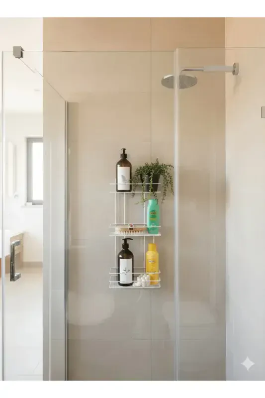 3 Tier White Adhesive Bathroom Shelf, Shampoo Shower Organizer, Stainless Metal Bathroom Wall Mount-White - 7