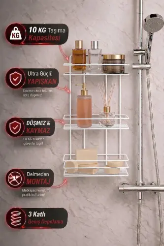 3 Tier White Adhesive Bathroom Shelf, Shampoo Shower Organizer, Stainless Metal Bathroom Wall Mount-White 