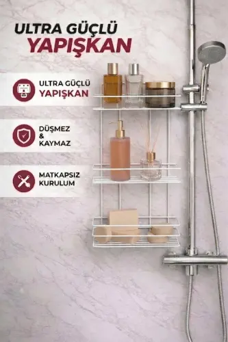 3 Tier White Adhesive Bathroom Shelf, Shampoo Shower Organizer, Stainless Metal Bathroom Wall Mount-White - 4