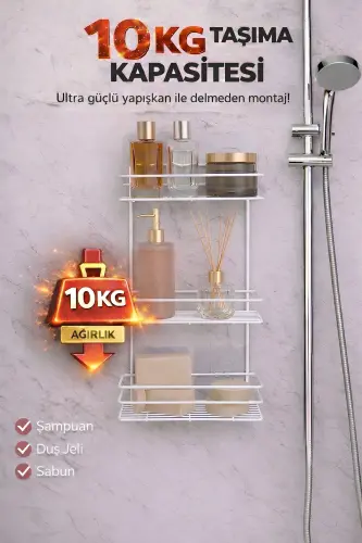 3 Tier White Adhesive Bathroom Shelf, Shampoo Shower Organizer, Stainless Metal Bathroom Wall Mount-White - 5