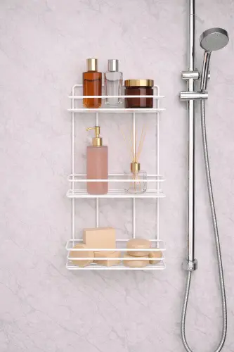 3 Tier White Adhesive Bathroom Shelf, Shampoo Shower Organizer, Stainless Metal Bathroom Wall Mount-White - 6