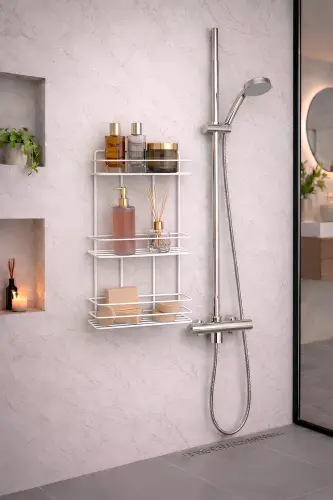 3 Tier White Adhesive Bathroom Shelf, Shampoo Shower Organizer, Stainless Metal Bathroom Wall Mount-White - 7