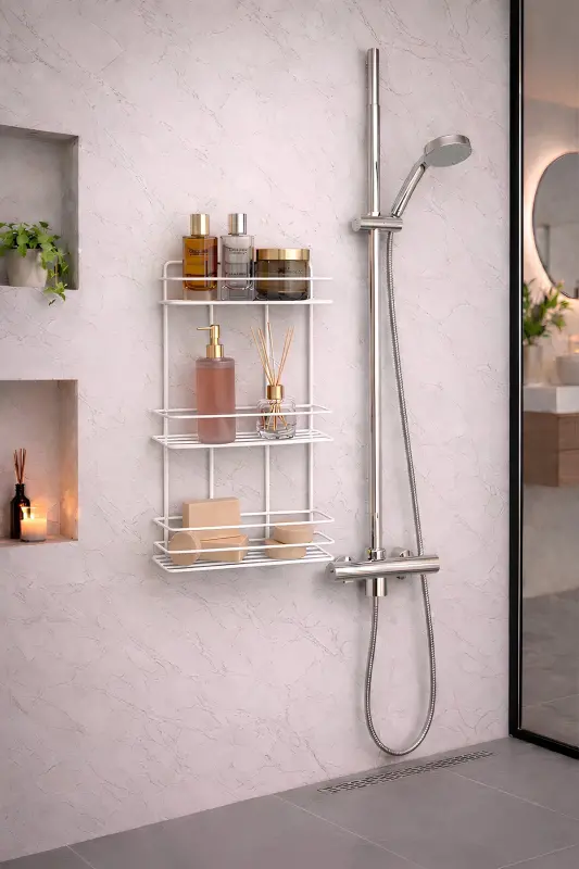 3 Tier White Adhesive Bathroom Shelf, Shampoo Shower Organizer, Stainless Metal Bathroom Wall Mount-White - 7