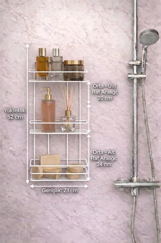 3 Tier White Adhesive Bathroom Shelf, Shampoo Shower Organizer, Stainless Metal Bathroom Wall Mount-White - 8