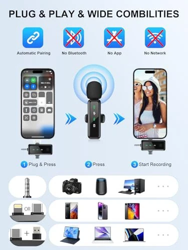 3 в 1 Беспроводные лаvalier микрофоны для iPhone/Android/камеры (Lightning/USBC/3,5 мм Джек), 2 упаковки мини светодиодный дисплей отворот Mic с Mute/Reverberation/шумоподавление для TikTok/YouTube/Vlog Recording 
