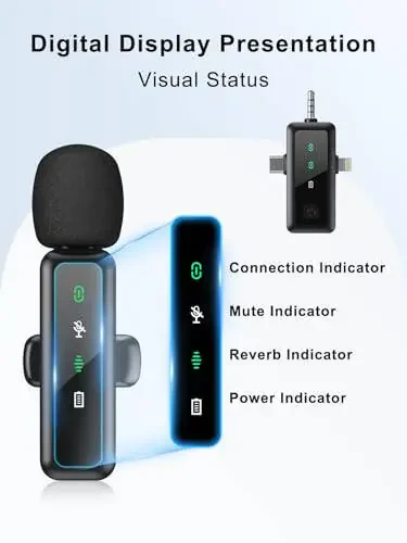 3 в 1 Беспроводные лаvalier микрофоны для iPhone/Android/камеры (Lightning/USBC/3,5 мм Джек), 2 упаковки мини светодиодный дисплей отворот Mic с Mute/Reverberation/шумоподавление для TikTok/YouTube/Vlog Recording - 2