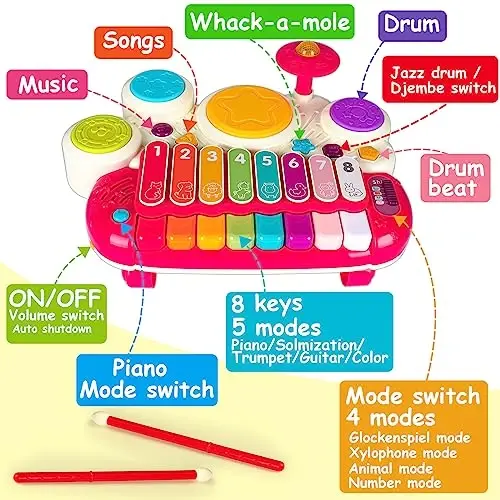 3 в 1 Музыкальные игрушки для малышей 1-3 Piano Xylophone Drum Set Toys для 1 2 3 летних девочек Музыкальные инструменты на день рождения Развивающие сенсорные игрушки для малышей в возрасте 1-2 2-3 лет - 2