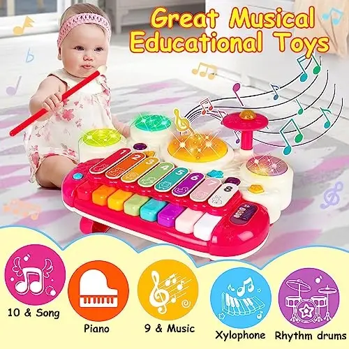 3 в 1 Музыкальные игрушки для малышей 1-3 Piano Xylophone Drum Set Toys для 1 2 3 летних девочек Музыкальные инструменты на день рождения Развивающие сенсорные игрушки для малышей в возрасте 1-2 2-3 лет - 3
