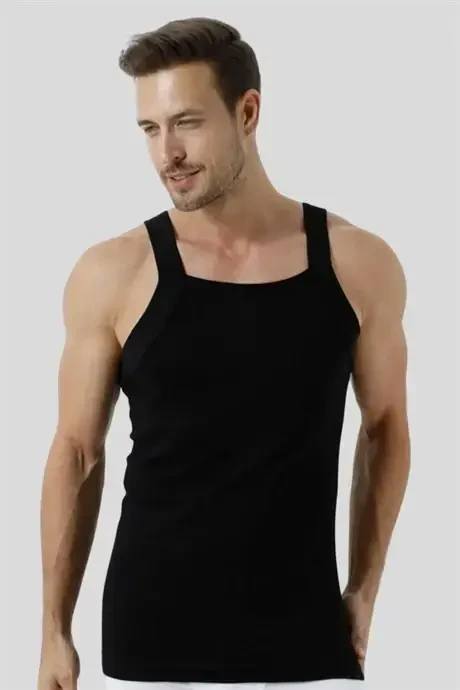 3-х Упаковка Мужские Черная Майка в рубчик из 100% хлопка с широкими бретельками - 4