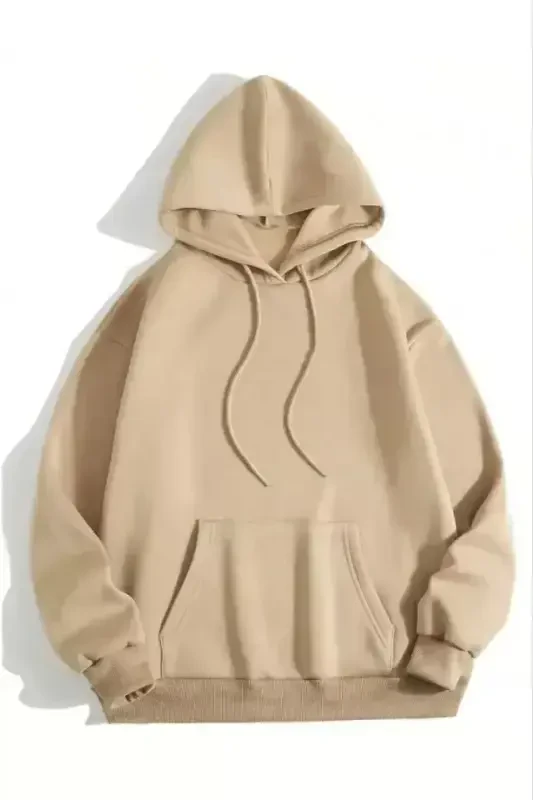 3 Yarn Cotton Unisex Hoodie Sweatshirt - Beige - BÜYÜKBEDENIZ
