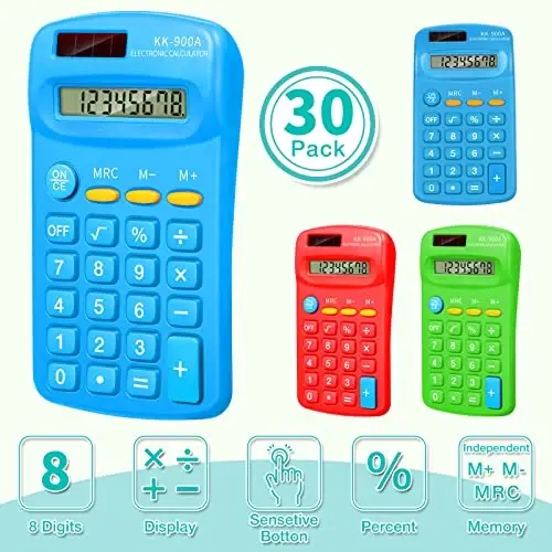 30 Pack Pocket Calculator Small Battery Powered Bulk Mini Size 4 Function Hand Held Basic Calculator for Students Kids School Home Office(Green, Red, Blue) - FLUTESAN (1)