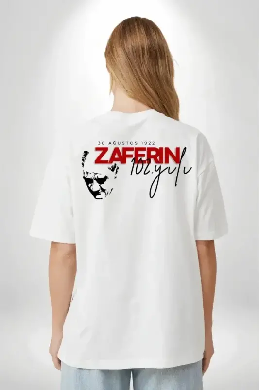 30 Ağustos Zafer Bayramı Atatürk Temalı Oversize Bisiklet Yaka T-shirt - Beyaz - 2