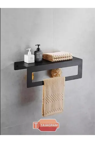 30 Cm Siyah Raflı Havlu Askısı, Metal Raflı Havluluk, Mutfak, Banyo Raflı - siyah - 1