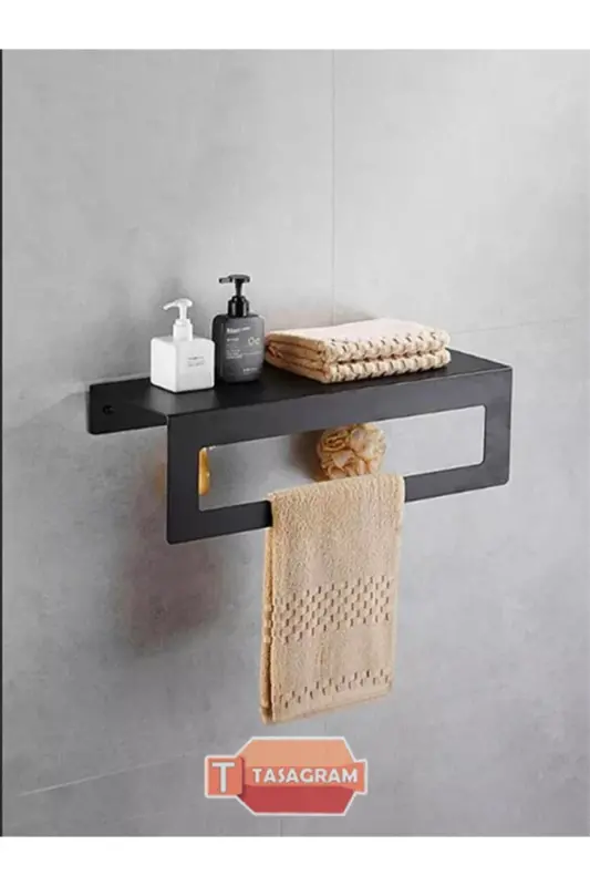 30 Cm Siyah Raflı Havlu Askısı, Metal Raflı Havluluk, Mutfak, Banyo Raflı - siyah - 1