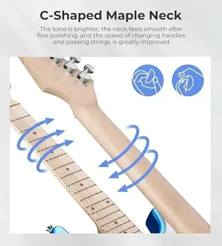 30 дюймов Электрогитара Vangoa Электрогитара для начинающих, Набор для юных музыкантов с усилителем, сумкой, ремнем, дополнительными струнами, каподастром, тюнером, медиаторами, кабелем (синий) - 5