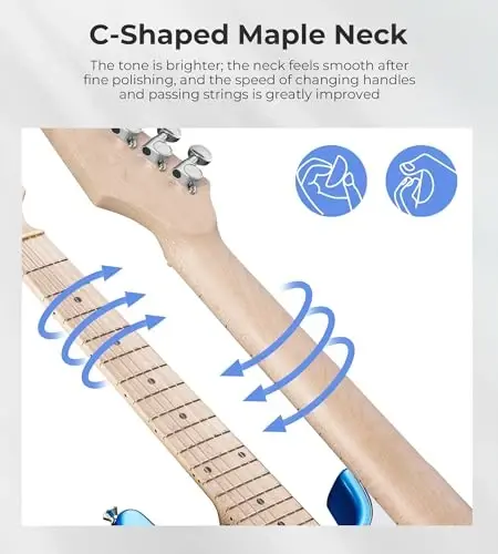 30 дюймов Электрогитара Vangoa Электрогитара для начинающих, Набор для юных музыкантов с усилителем, сумкой, ремнем, дополнительными струнами, каподастром, тюнером, медиаторами, кабелем (синий) - 5