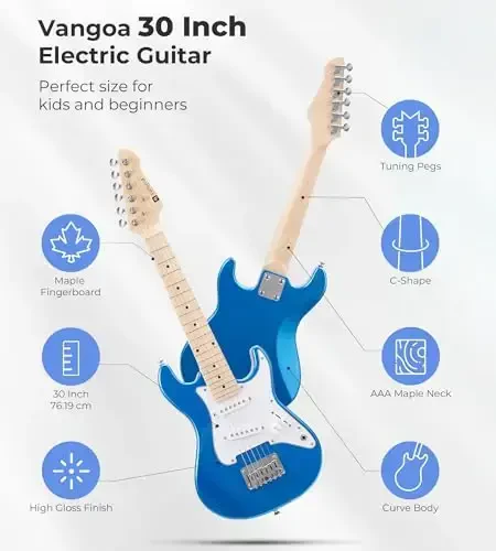 30 dyuymli elektr gitara Vangoa elektr gitara yangi boshlanuvchilar uchun yosh o'yinchilar uchun to'plam, Amp, Sumka, Tasma, Qo'shimcha torlar, Kapo, Tyuner, Mediatörler, Kabel (Moviy) - 3
