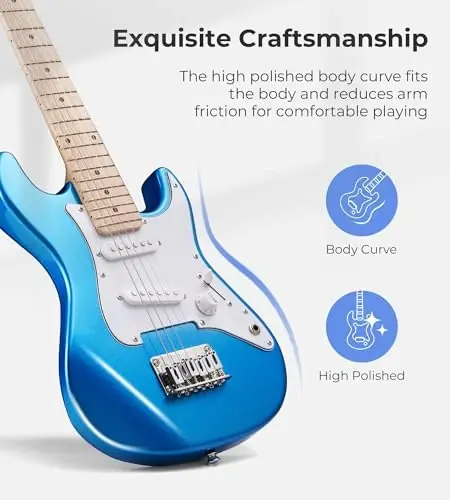 30 dyuymli elektr gitara Vangoa elektr gitara yangi boshlanuvchilar uchun yosh o'yinchilar uchun to'plam, Amp, Sumka, Tasma, Qo'shimcha torlar, Kapo, Tyuner, Mediatörler, Kabel (Moviy) - 4