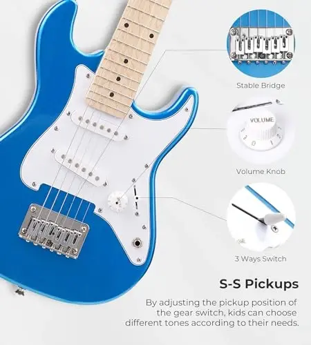 Kids Electric Guitar Vangoa 30 Inch Electric Guitar for Beginner Kit for Young Players with Amp, Bag, Strap, Extra Strings, Capo, Tuner, Picks, Cable (Blue) - VANGOA (1)