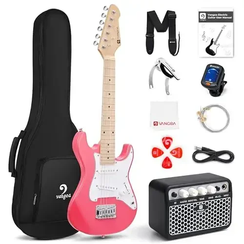Kids Electric Guitar Vangoa 30 Inch Electric Guitar for Beginner Kit for Young Players with Amp, Bag, Strap, Extra Strings, Capo, Tuner, Picks, Cable (Pink) - VANGOA