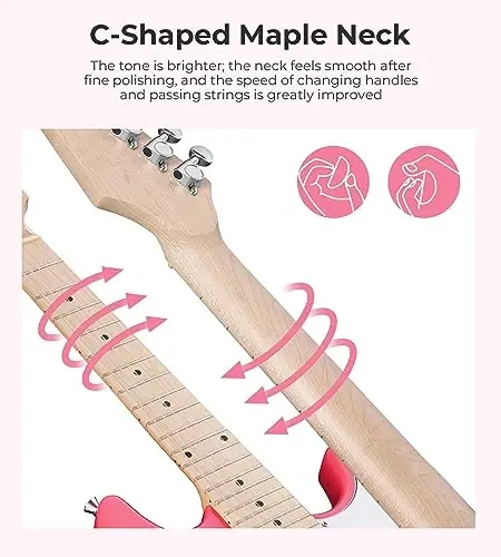 Kids Electric Guitar Vangoa 30 Inch Electric Guitar for Beginner Kit for Young Players with Amp, Bag, Strap, Extra Strings, Capo, Tuner, Picks, Cable (Pink) - 6