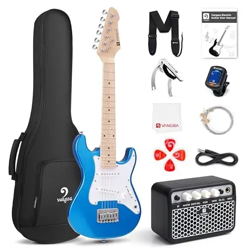 30 inch Electric Guitar Vangoa Electric Guitar for Beginner Kit for Young Players with Amp, Bag, Strap, Extra Strings, Capo, Tuner, Picks, Cable (Blue) - VANGOA