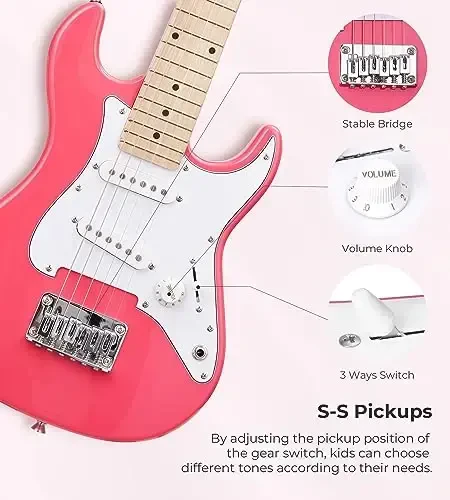 30 inch Electric Guitar Vangoa Electric Guitar for Beginner Kit for Young Players with Amp, Bag, Strap, Extra Strings, Capo, Tuner, Picks, Cable (Pink) - 4