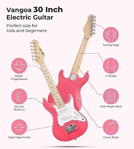 30 inch Electric Guitar Vangoa Electric Guitar for Beginner Kit for Young Players with Amp, Bag, Strap, Extra Strings, Capo, Tuner, Picks, Cable (Pink) - 3