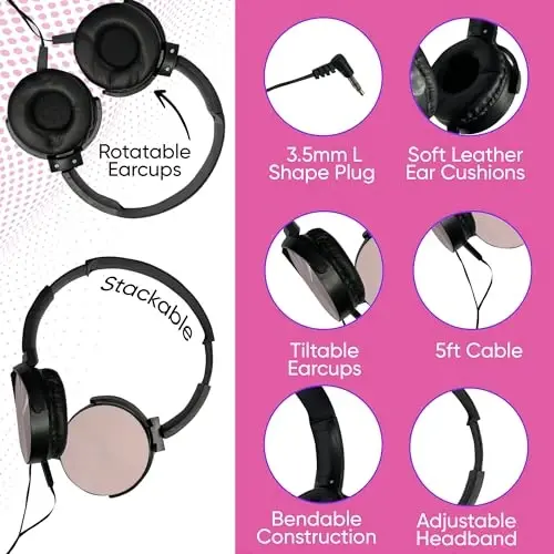 30 Pack Bulk Wired On-Ear Leather Headphones with 3.5mm Connector, Round Metal Housing, Black - 5