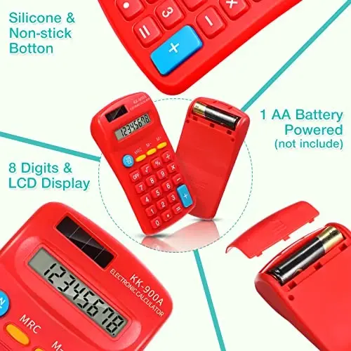 30 Pack Pocket Calculator Small Battery Powered Bulk Mini Size 4 Function Hand Held Basic Calculator for Students Kids School Home Office(Green, White, Red, Yellow, Blue, Black) - 3
