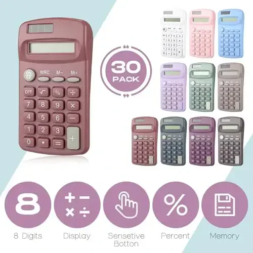 30 Pack Pocket Calculator Small Battery Powered Bulk Mini Size 4 Function Hand Held Basic Calculator for Students Kids School Home Office(Multicolor) - 4