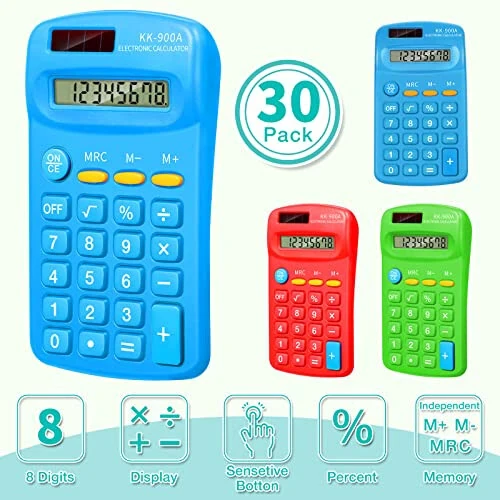30 Pack Pocket Calculator Small Battery Powered Calculator Bulk Mini Size 4 Function Calculator Hand Held Basic Calculator for Students Kids School Home Office (Green, Red, Blue) - Flutesan (1)