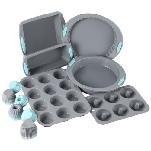 30 Piece Silicone Bakeware Set, Non-Stick Kitchen Oven Baking Pans, Silicone Cake Molds with Muffin Pan, Round Cake Pan, Donut Pan, Square Cake Pan, Loaf Pan, Pizza Pan and 24 pcs Baking Cups (Grey) - USJUTDOO