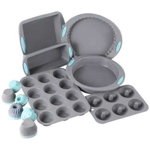 30 Piece Silicone Bakeware Set, Non-Stick Kitchen Oven Baking Pans, Silicone Cake Molds with Muffin Pan, Round Cake Pan, Donut Pan, Square Cake Pan, Loaf Pan, Pizza Pan and 24 pcs Baking Cups (Grey) - 1