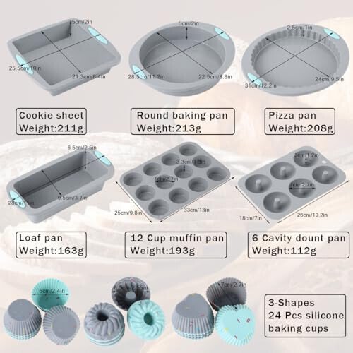 30 Piece Silicone Bakeware Set, Non-Stick Kitchen Oven Baking Pans, Silicone Cake Molds with Muffin Pan, Round Cake Pan, Donut Pan, Square Cake Pan, Loaf Pan, Pizza Pan and 24 pcs Baking Cups (Grey) - USJUTDOO (1)