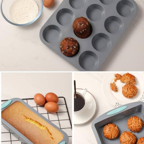 30 Piece Silicone Bakeware Set, Non-Stick Kitchen Oven Baking Pans, Silicone Cake Molds with Muffin Pan, Round Cake Pan, Donut Pan, Square Cake Pan, Loaf Pan, Pizza Pan and 24 pcs Baking Cups (Grey) - 6
