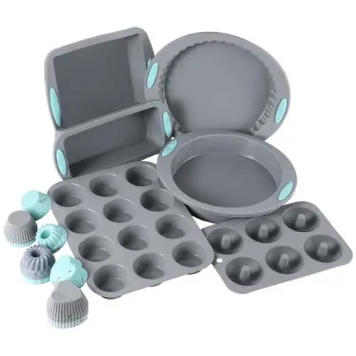 30 Piece Silicone Bakeware Set, Non-Stick Kitchen Oven Baking Pans, Silicone Cake Molds with Muffin Pan, Round Cake Pan, Donut Pan, Square Cake Pan, Loaf Pan, Pizza Pan and 24 pcs Baking Cups (Grey) - 1