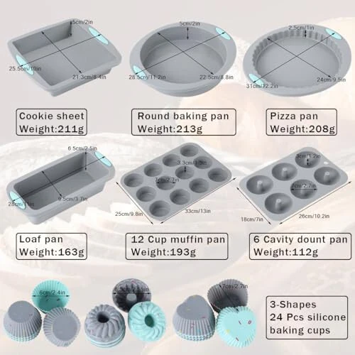 30 Piece Silicone Bakeware Set, Non-Stick Kitchen Oven Baking Pans, Silicone Cake Molds with Muffin Pan, Round Cake Pan, Donut Pan, Square Cake Pan, Loaf Pan, Pizza Pan and 24 pcs Baking Cups (Grey) - USJUTDOO (1)