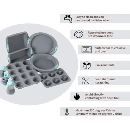 30 Piece Silicone Bakeware Set, Non-Stick Kitchen Oven Baking Pans, Silicone Cake Molds with Muffin Pan, Round Cake Pan, Donut Pan, Square Cake Pan, Loaf Pan, Pizza Pan and 24 pcs Baking Cups (Grey) - 3