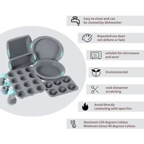30 Piece Silicone Bakeware Set, Non-Stick Kitchen Oven Baking Pans, Silicone Cake Molds with Muffin Pan, Round Cake Pan, Donut Pan, Square Cake Pan, Loaf Pan, Pizza Pan and 24 pcs Baking Cups (Grey) - 3