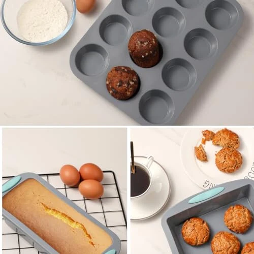 30 Piece Silicone Bakeware Set, Non-Stick Kitchen Oven Baking Pans, Silicone Cake Molds with Muffin Pan, Round Cake Pan, Donut Pan, Square Cake Pan, Loaf Pan, Pizza Pan and 24 pcs Baking Cups (Grey) - 6