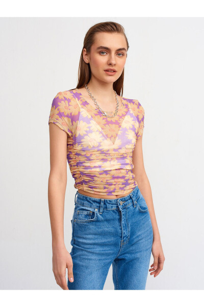 30110 Patterned Pleated Tulle Top-purple - DILVIN