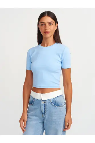 30124 Crop T-Shirt-Ochiq Moviy-Ochiq Moviy 