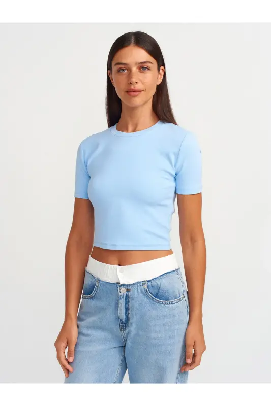 30124 Crop T-Shirt-Ochiq Moviy-Ochiq Moviy - DILVIN