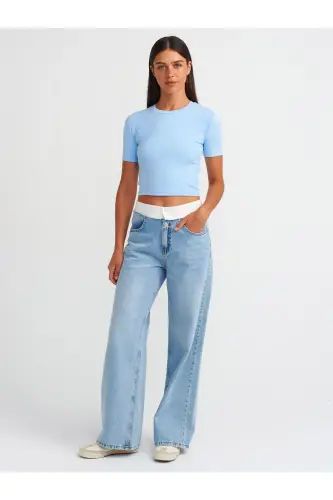 30124 Crop T-Shirt-Ochiq Moviy-Ochiq Moviy - 3