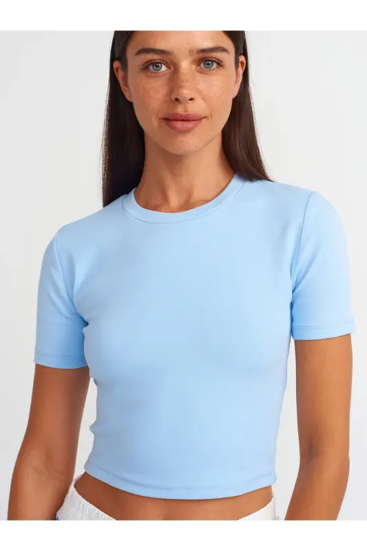 30124 Crop T-Shirt-Ochiq Moviy-Ochiq Moviy - 4