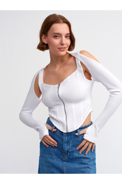 30158 Uzoq Yengli Korset Top - Oq - DILVIN