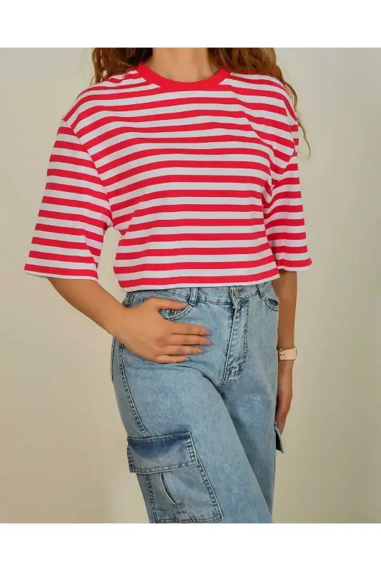 30282 Chiziqli Bisiklet Yoqali Crop Futbolka-fuchsiya - 3